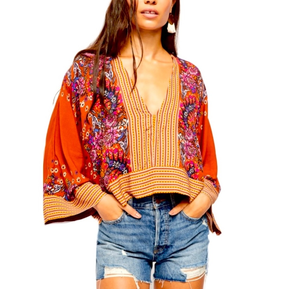 Free People Colorful Ivory V-Neck Cropped Mix & Match Top
